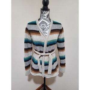 Vince 100% Cashmere Belted Wrap Cardigan Large Grey Teal Stripe